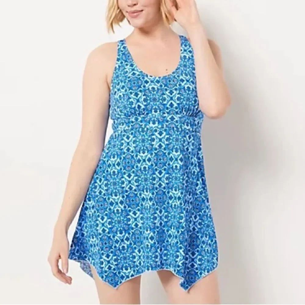 Denim & Co. Beach Handkerchief Hem Scoop-Neck Swim Dress